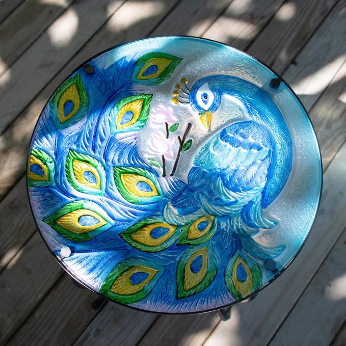 12 Inch Round Peacocks Glass Side Table, Patio Small Table, Outdoor Side Table, Outdoor Bar Table, Metal Glass End Table for Porch Garden Patio Pool Living Room