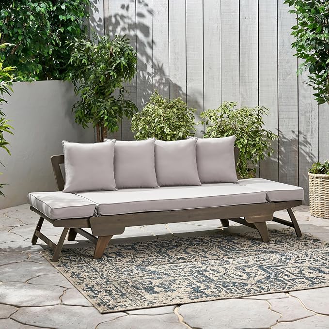 Merax Outdoor Patio Daybed Sofa,3-Seat Sofa with Foldable Arm 4 Back Pillows,Teak Acacia Wood Frame Beige Removable Cushion,Grey