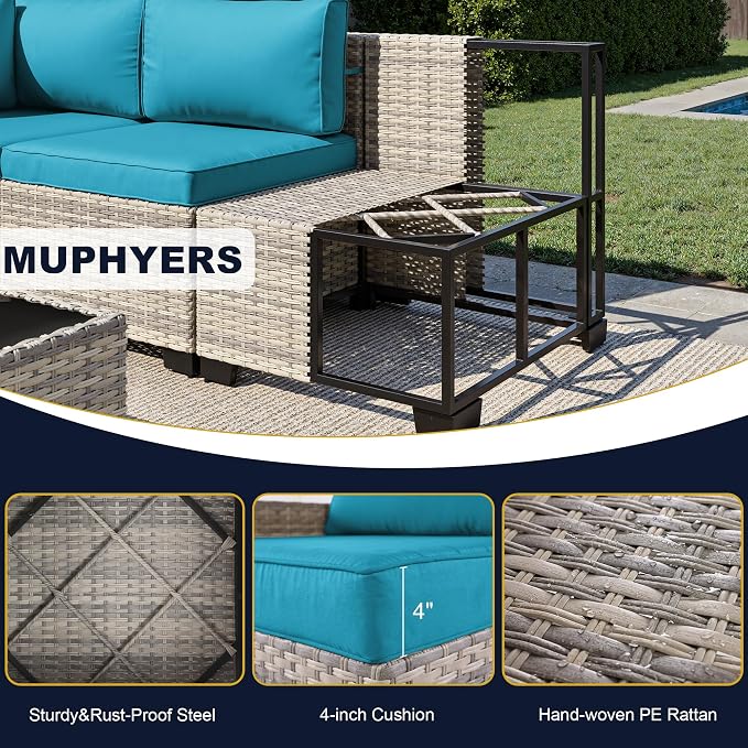 8-Piece Outdoor Patio Furniture Set with 55,000 BTU Fire Pit Table, PE Wicker Rattan Sectional Sofa Conversation Set - All-Weather Garden, Backyard Furniture, Turquoise