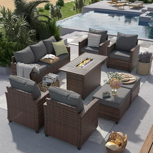 UDPATIO Patio Furniture Set with 44" Fire Pit Table, 8 Pieces Outdoor Sectional Conversation Sets, All-Weather Wicker Rattan Sofa Ottoman with 4" Thick Cushion for Garden Backyard Deck, Dark Grey