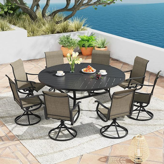 9 Pieces Patio Furniture Dining Set, 8 Textilene Swivel Dining Chairs, 60" Outdoor Round Metal Table with 1.57" Umbrella Hole, Outdoor Dining Set for Porch, Lawn, Garden, Black/Brown