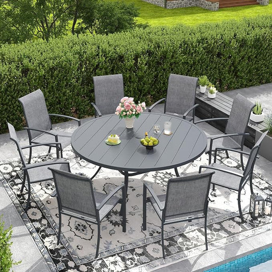 DIFY 9 Pieces Outdoor Dining Set for 8, 53" Round Dining Table with Umbrella Hole and Textilene Stackable Patio Chairs, Metal Patio Table and Chairs Set for Garden Backyard Poolside, Grey