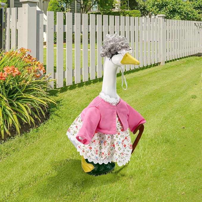 1 Set Old Lady Porch Goose Outfit for 23 Inch Goose Statues | Includes Grandma Goose Clothes with Cane, Silver Wig, Glasses and Faux Pearl Necklace for Summer Yard and Garden Displays
