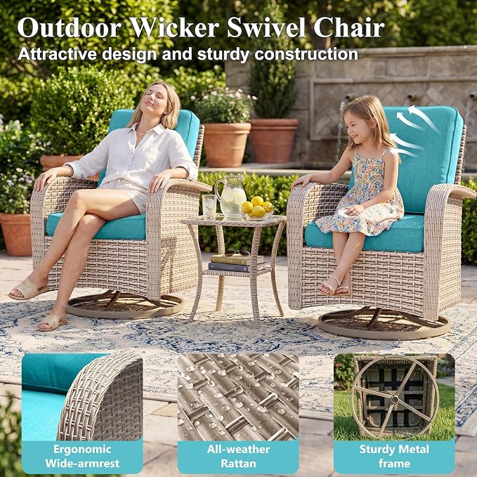 Patio Furniture Set, 10-Piece Outdoor Sectional Sofa with Swivel Rocker Chairs & 2-Layer Glass Coffee Table, Wicker Patio Conversation Set with Cyan Cushions