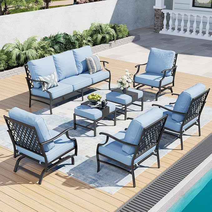 SUNSHINE VALLEY 7 Piece Metal Outdoor Patio Furniture Sets, Patio Conversation Sets 1 3-seater Sofa, 2 Fixed Chair, 2 Rocking Chair, 2 Ottomans with 5.75" Thick Cushion, Black Backyard Furniture, Blue