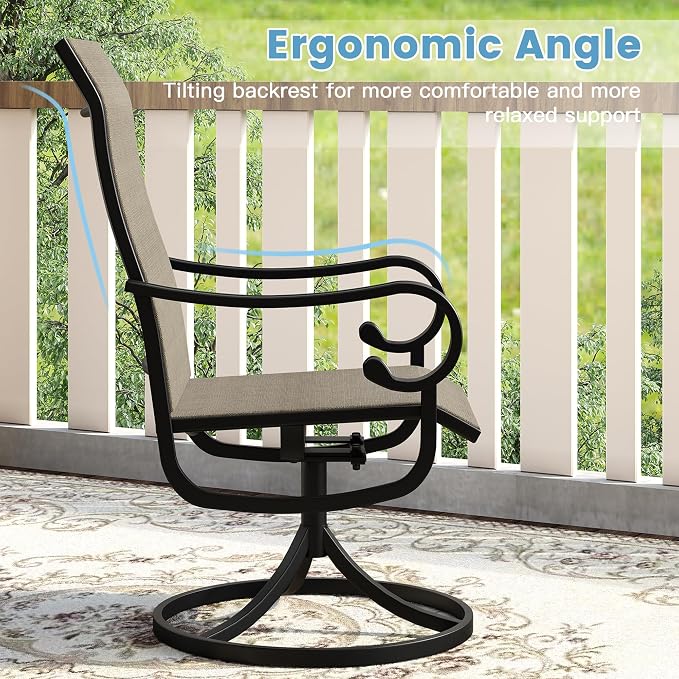 DIFY 7 Pieces Outdoor Patio Dining Set for 6, Swivel Dining Chairs with Brown Textilene and 63" Walnut Rectangle Metal Dining Table, Outdoor Table and Chairs for Lawn Garden Backyard Deck