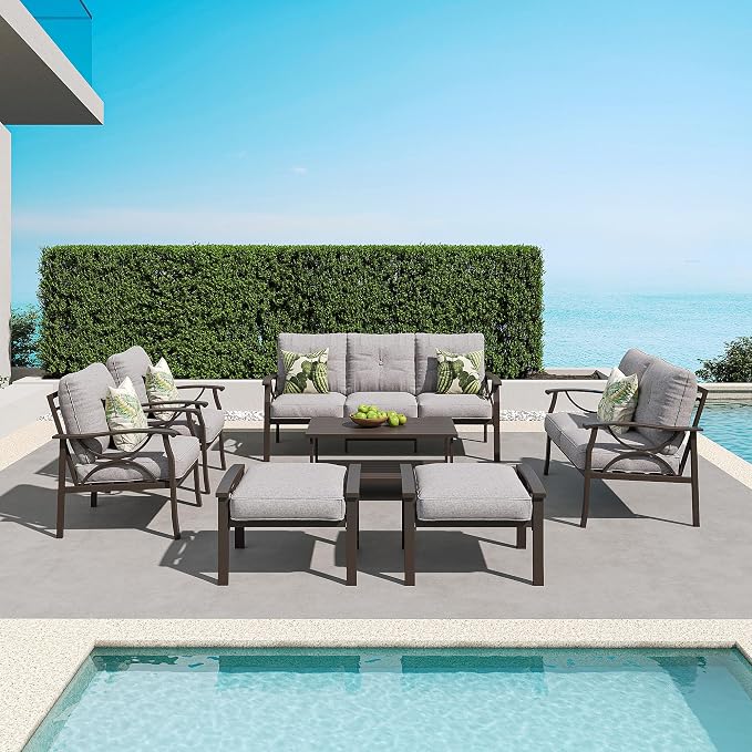 RoyalCraft Outdoor Patio Furniture Set, 7 Piece Patio Conversation Set with Coffee Table and Ottomans, Metal Furniture Set for Porch Backyard Garden, Grey