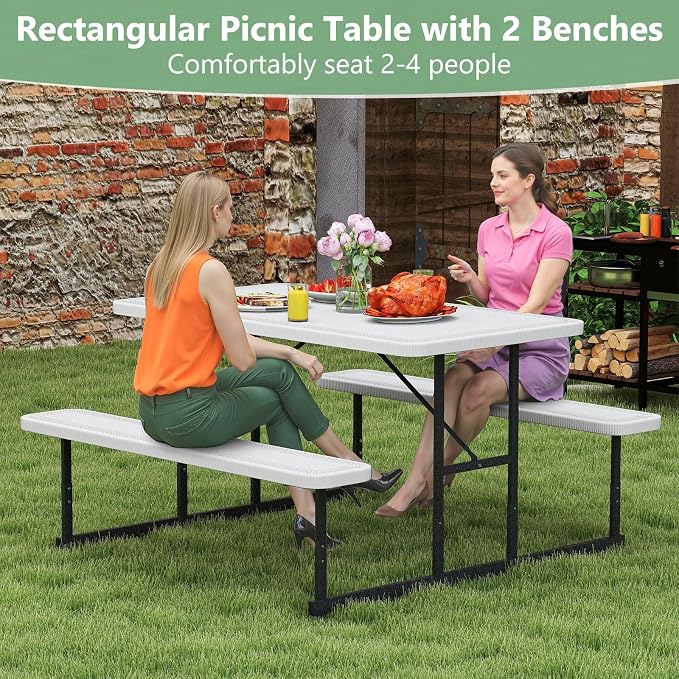 Picnic Table Set for 2-4 People, Umbrella Hole, Heavy-Duty Metal Frame & 2 Benches, HDPE Rectangular Outdoor Dinning Table & Benches for Outside, Patio, Garden, Backyard, Porch (White)