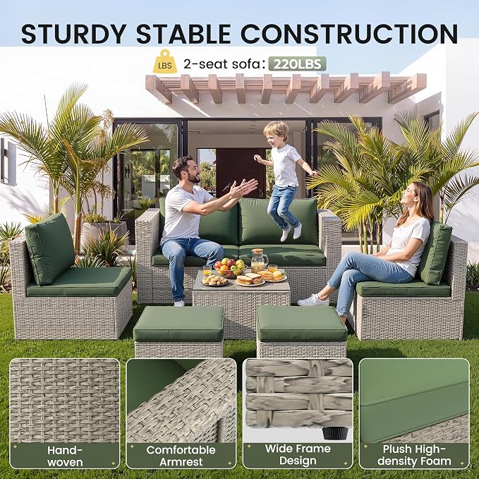 Amopatio Patio Furniture Set, All-Weather Wicker Outdoor Conversation Set with Glass Coffee Table, Cushions & Ottomans for Deck Backyard Porch Lawn Green