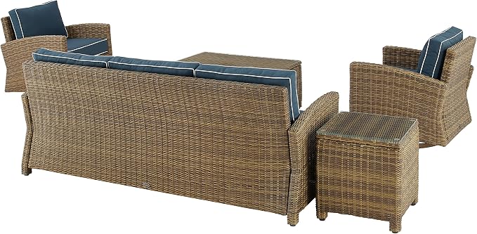 Crosley Furniture Bradenton 5-Piece Wicker Outdoor Sofa and Swivel Rocker Patio Furniture Set for Porch, Brown with Navy Cushions