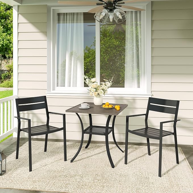 VICLLAX Patio 3 Pieces Outdoor Bistro Table Set, Wrought Iron Metal Furniture with 28" Square Table and 2 Stackable Chairs, Patio Dining Set for Patio, Lawn, Garden, Porch, Grey/Black