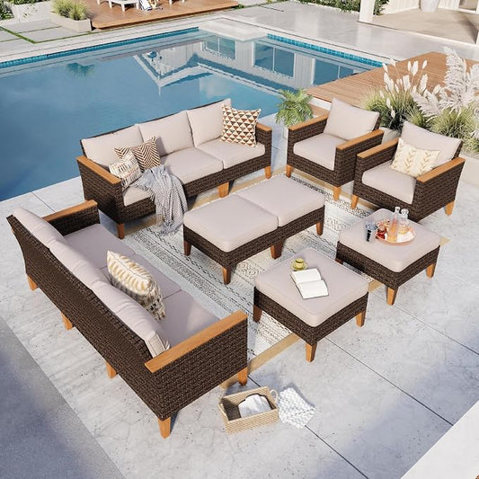 GREEN PARTY 12 Pieces Wicker Patio Furniture Set, All-Weather Outdoor Rattan Patio Sectional Sofa Conversation Set with 4" Thick Cushions for Garden, Backyard, 2 x Ottomans