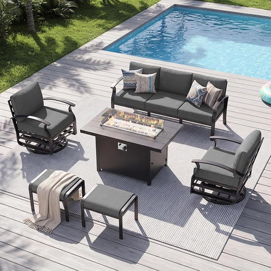 Aluminum Patio Furniture Set with Fire Pit Table, 7 Seats Outdoor Patio Conversation Sets with Swivel Chairs, Modern Metal Sectional Sofa with Upgrade Cushions for Patio, Backyard, Deck - Grey