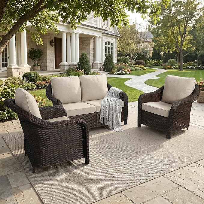 3 Piece Patio Wicker Conversation Set, All-Weather Use Outdoor Wicker Loveseat with 2 PE Rattan Chair, Ideal for Porch, Backyard, Balcony, Poolside, Beige