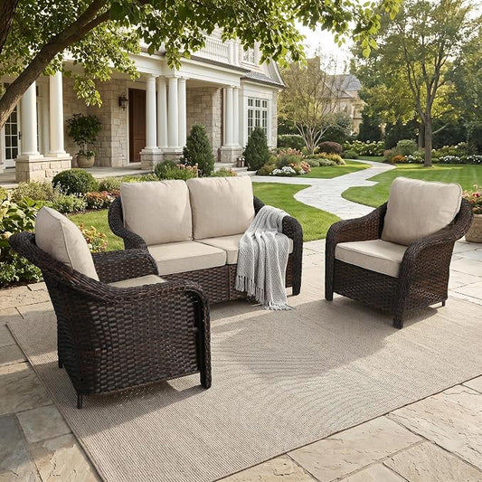 3 Piece Patio Wicker Conversation Set, All-Weather Use Outdoor Wicker Loveseat with 2 PE Rattan Chair, Ideal for Porch, Backyard, Balcony, Poolside, Beige