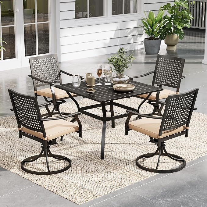 Sophia & William Outdoor Patio Dining Set 5 Piece with 4 Swivel Dining Metal Chairs and 1 Square Dining Table (1.57" Umbrella Hole) Outdoor Table Furniture Set for Garden Deck Backyard, Black