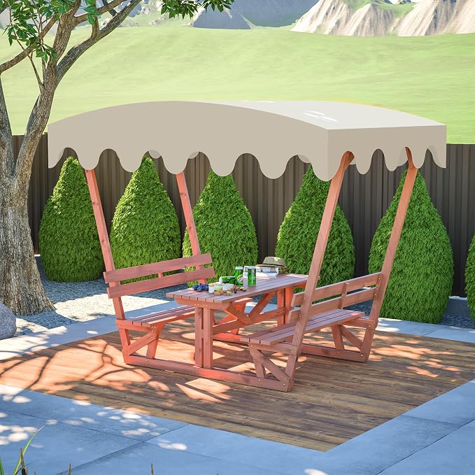 Wooden Picnic Table,Outdoor Wooden Dining Rectangle Table w/Umbrella Hole,for Patio,Garden,Backyard