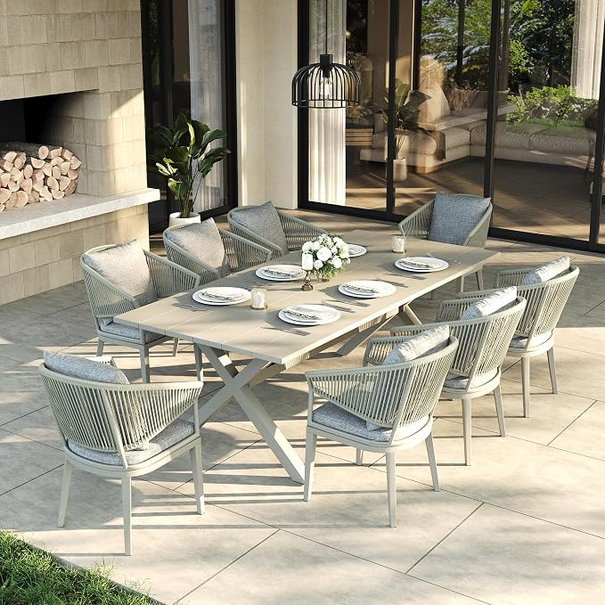 LayinSun 9 Piece Outdoor Dining Table Set, Aluminum Modern Rectangular Dining Table and All-Weather Wicker Chairs Set for Patio Deck Indoor Decor Kitchen