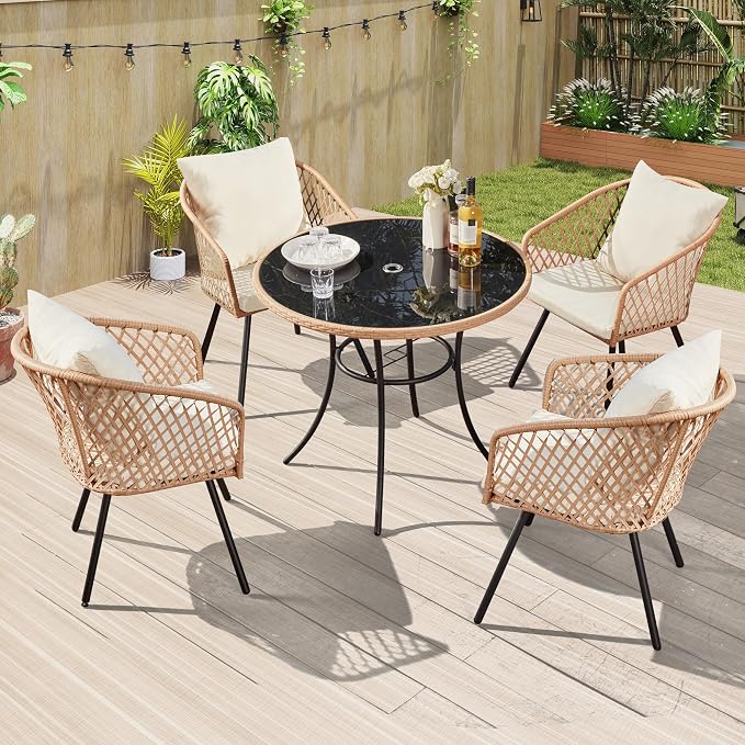 35.6" Round Patio Desk, Outdoor Wicker Dining Table with Umbrella Hole, Tempered Glass Top for 4-5 Persons, Bistro Rattan Furniture Garden Tables for Balcony, Backyard - Black Metal Steel Slat