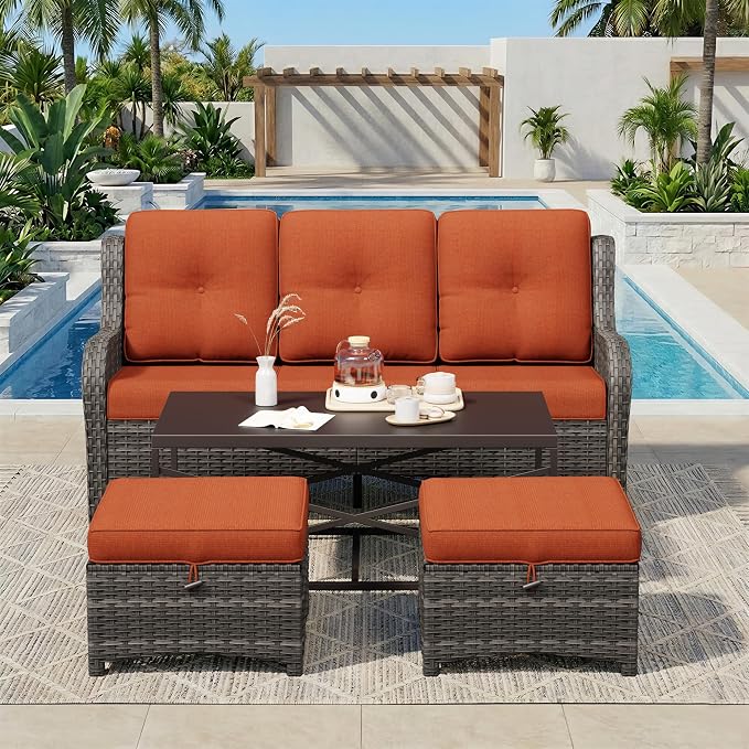 4-Piece Outdoor Couch Set, Includes Wicker Patio Sofa with Thickened Olefin Cushions, High Back and Deep Seating, Hand-Woven PE Rattan and 2 Ottomans, 1 Coffee Table for Porch, Deck