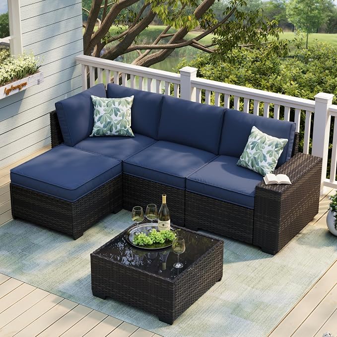 JOYURE 5 Pieces Patio Furniture Set, Outdoor Sofa with Waterproof Cushions, Rattan L Shaped Patio Couch & Coffee Table, Modern Outdoor Furniture for Backyard, Deck, Balcony – Navy