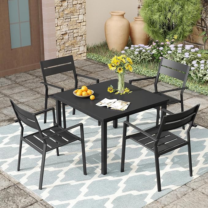 VICLLAX Patio 5 Pieces Outdoor Dining Set for 4, Wrought Iron Metal Outdoor Table and Chairs Set, 40" Square Table with Umbrella Hole and 4 Stackable Chairs for Lawn, Garden, Porch, Black