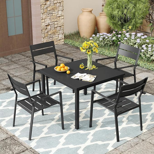 VICLLAX Patio 5 Pieces Outdoor Dining Set for 4, Wrought Iron Metal Outdoor Table and Chairs Set, 40" Square Table with Umbrella Hole and 4 Stackable Chairs for Lawn, Garden, Porch, Black