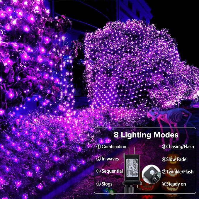 BlcTec Halloween Net Lights, 200 LED 8.4ft x 5.2ft Purple Halloween Lights with 8 Modes, Timer, Connectable, Waterproof and Green Wire Design for Trees, Bushes Outdoor Decorations