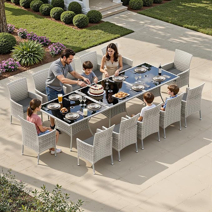 15-Piece Patio Dining Set, Patio Furniture Set with Square Tempered Glass Table & 12 Wicker Chairs, Expandable Design for Larger Groups, Outdoor Furniture for Backyard, Deck, Garden, Grey
