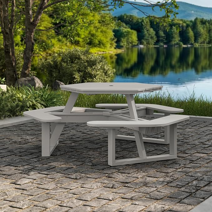 Shoreline Made in USA Hexagon Picnic Table, Seating for 6, Cove Gray