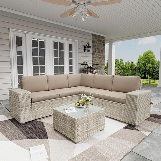 6 Piece Patio Furniture Set, 9.8" Wide Arm Sectional Sofa with Storage Armrests, All-Weather Rattan Outdoor Conversation Set for Garden, Porch, Lawn, Backyard, Balcony, Khaki