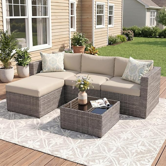 Wisteria Lane 5 Piece Outdoor Patio Furniture Set, All Weather Wicker Rattan Sectional Sofa Conversation Set with Cushions & Glass Coffee Table, Ideal for Porch Garden Balcony Backyard, Beige