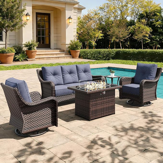 5 Pieces Outdoor Furniture Set with 6-inch Cushions, High Back Wicker Swivel Rocker Chairs with Fire Pit Table, Luxury Conversation Set for Deck Patio and Poolside