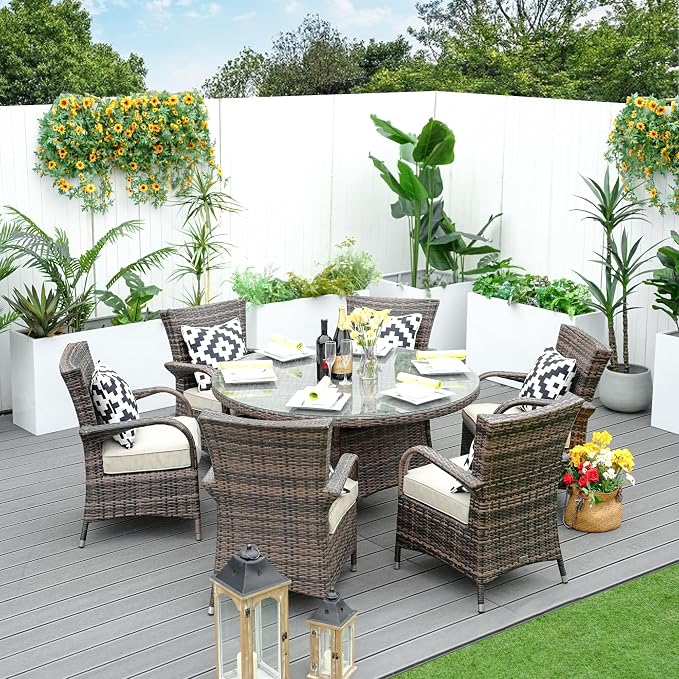 Patio Atina 7 Pieces Rattan Outdoor Dining Sets in Brown
