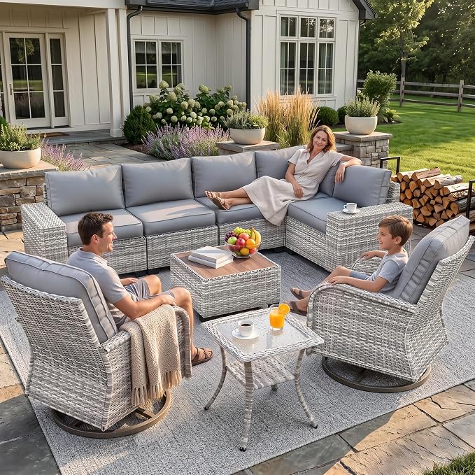 9-Piece Outdoor Patio Furniture Set with Rocking Swivel Chair Wicker Sectional Sofa Set, Patio Conversation Set with Thickened Cushions & Coffee Table for Garden, Backyard, Poolside, Grey