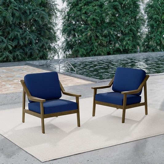 Outdoor Patio Furniture Set, 2 Piece Outdoor Patio Sofa Armchairs with Washable Thick Cushions, All-Weather Solid Wood Patio Bistro Set for Porch, Balcony, Natural Frame & Navy Cushion