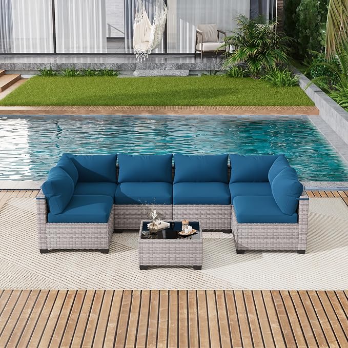 LOUVIXA 7 Piece Outdoor Patio Furniture Set, Outdoor Sectional Sofa, Wicker Rattan Patio Furniture, Patio Conversation Set with Coffee Table & Cushions