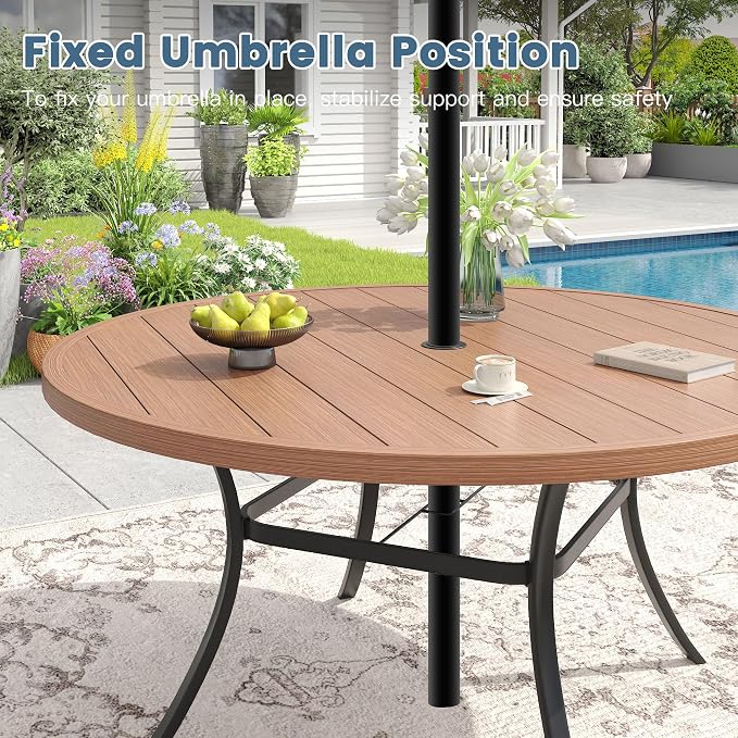DIFY 60" Round Outdoor Patio Dining Table for 8-10, Metal Patio Table with 1.57" Adjustable Umbrella Hole, All-Weather Dining Furniture Table for Backyard Lawn Garden, Walnut