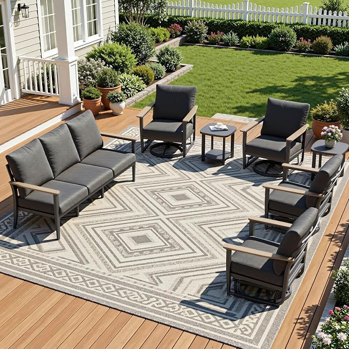 Aluminum Outdoor Patio Furniture Set with Swivel Rocking Chair 7-Seat, Patio Conversation Set Sectional Furniture Set with High Backrest & Thickened Cushions for Backyard, Dark Grey