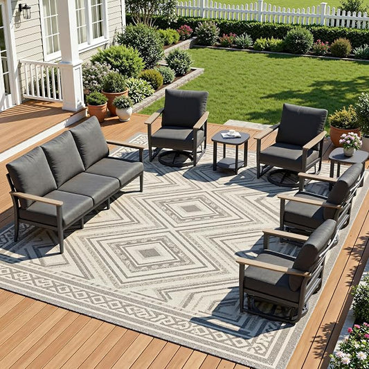 Aluminum Outdoor Patio Furniture Set with Swivel Rocking Chair 7-Seat, Patio Conversation Set Sectional Furniture Set with High Backrest & Thickened Cushions for Backyard, Dark Grey