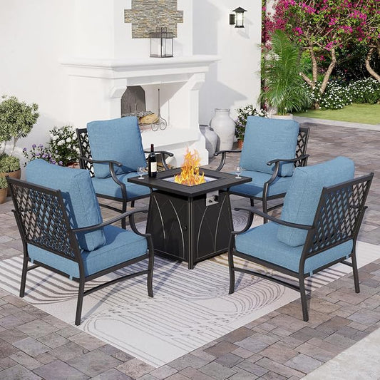 SUNSHINE VALLEY 5 Piece Metal Outdoor Patio Furniture Set with Fire Pit Table, Patio Conversation Sets 4 Fixed Chairs with 5.75" Thick Cushion and 5000 BTU Fire Pit Table, Backyard Furniture, Navy