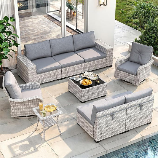 9 Piece Outdoor Patio Furniture Set with Swivel Chairs, 7-Seats Wicker Sectional Sofa Set with Thickened Cushions & Coffee Tables for Garden, Backyard, Porch, Gray