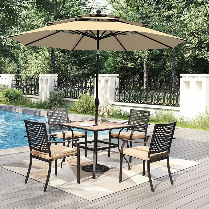 PHI VILLA Outdoor Table Chairs Set w/Umbrella, 5pc Patio Metal Furniture | 37" wrought iron square table w/ polywood top & stackable chairs for 4. 10ft beige umbrella. Dining set for deck, porch