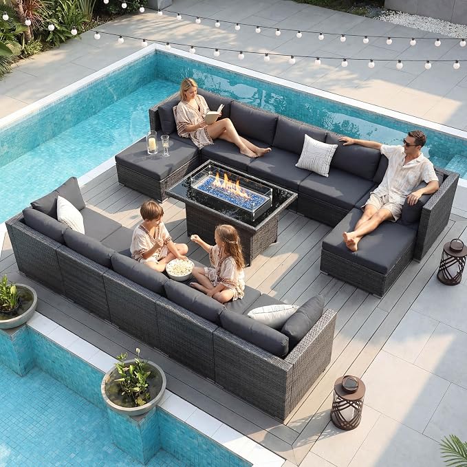NICESOUL 13 Piece Contemporary Patio Furniture Set with Firepit Table Natural Gas/Propane, 29.3'' High Backrest Outdoor Sofa Conversations, 9 Seats Deep Wide Seating Wicker Sectionals, Dark Gray