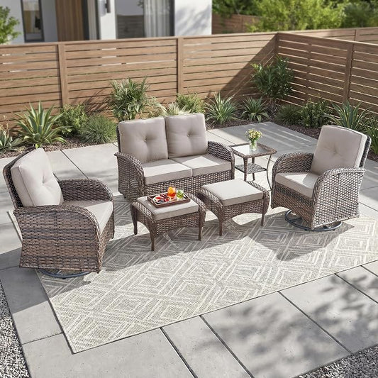 Outdoor Swivel Glider Rocker Chairs Set- 6 Piece Patio Furniture Set with A Glider Loveseat, Tempered Glass Side Table and 2 Ottoman, for Balcony, Porch - Brown Wicker, Beige Cushion