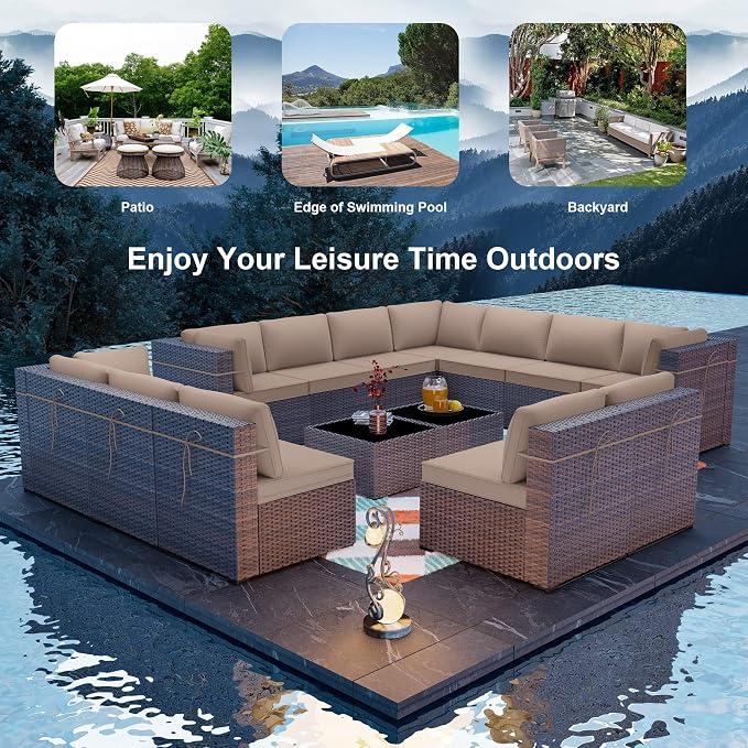 ALAULM 14 Pieces Patio Furniture Set Wicker Patio Conversation Set, Outdoor Sectional Furniture w/Coffee Table & Washable Seat Cushions-Sand