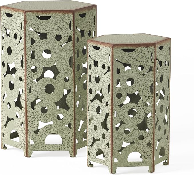 Accent Table Set, 2 Antique Green Iron Side Tables, 14.25" D x 12.5" W x 22" H, 9.81 Pounds, 100 Pounds Weight Capacity, Iron Frame, Wipe with Dry Cloth, for Indoor & Outdoor Use