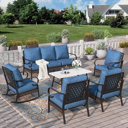 HERA'S HOUSE 6 Piece Metal Patio Furniture Set, All Weather Outdoor Conversation Set with 3-Seat Sofa, 2 Rocking Chairs, 2 Fixed Chairs & Coffee Table, 7 Seats for Backyard, Garden, Deck, Pacific Blue