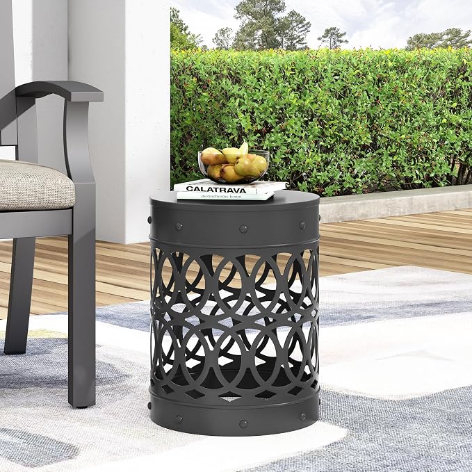 Outdoor Metal End Table Large, White Iron Side Table with Geometric Cut Design, Round Patio Accent Table No Assembly Required, Weather Resistant for Garden Balcony Porch (Black)