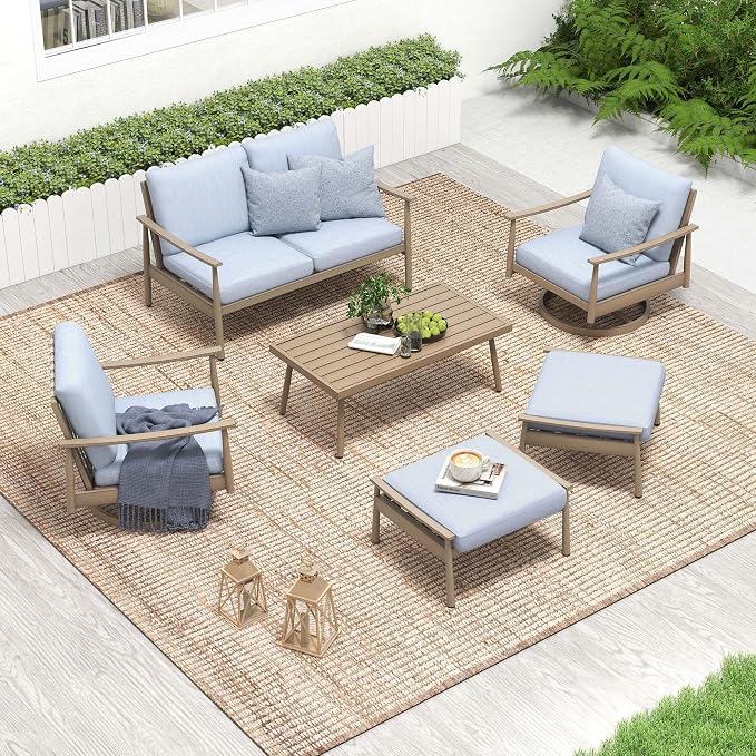 HAPPATIO Patio Outdoor Furniture Set - 6 Pieces Aluminum Outdoor Conversation Set with 1 Cushioned Loveseat, 1 Coffee Table, 2 Swivel Chairs, and 2 Ottomans for Yard, Porch, and Deck (Brown)